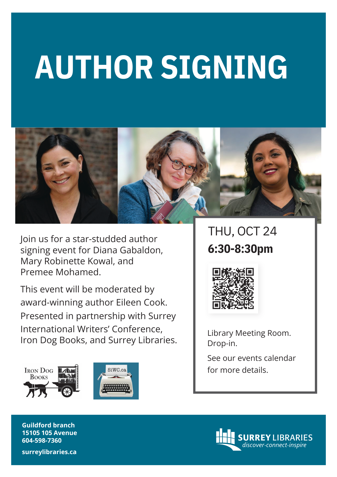 Surrey International Writers' Conference and Surrey Libraries Present: A Signing Event with Diana Gabaldon, Mary Robinette Kowal, and Premee Mohamed. | Iron Dog Books